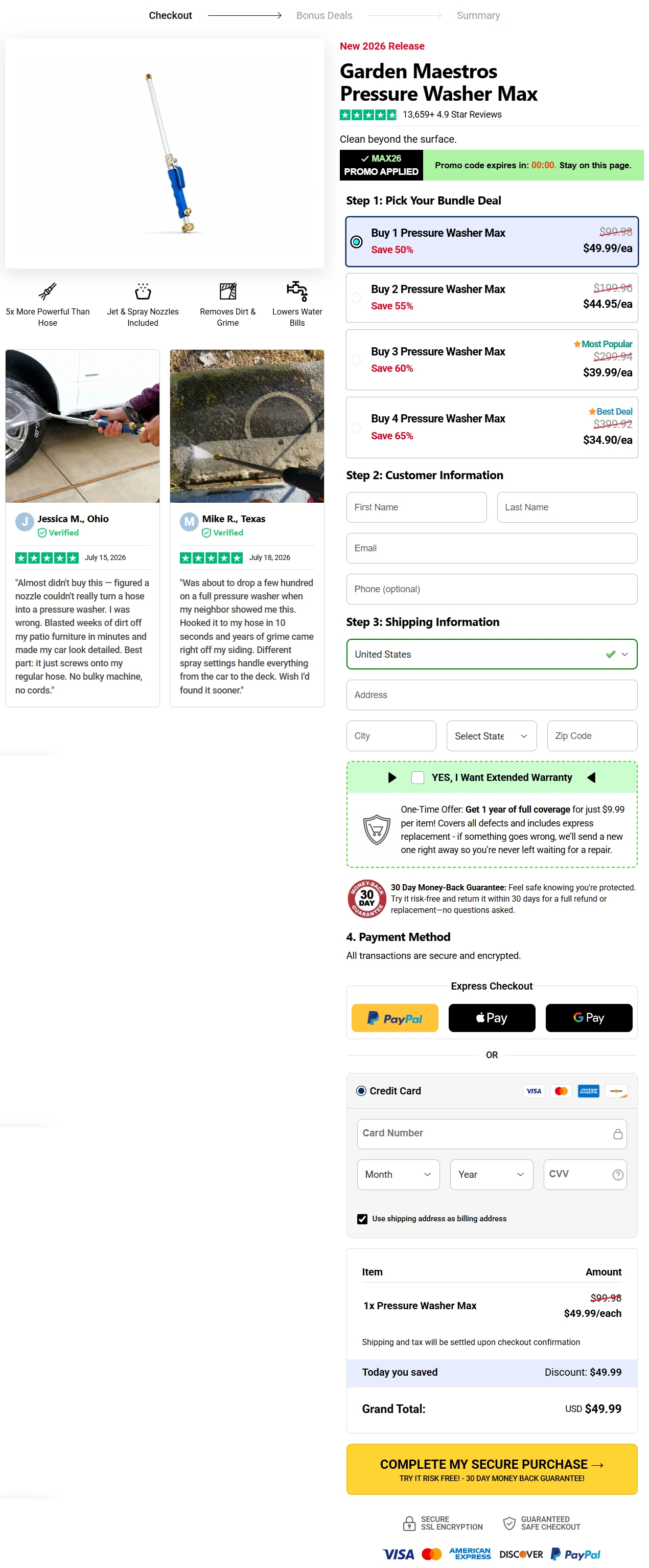 Garden Maestros Pressure Washer 100% Secure Checkout page