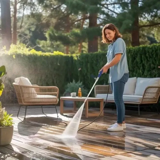 Woman using Garden Maestros Pressure Washer for cleaning deck